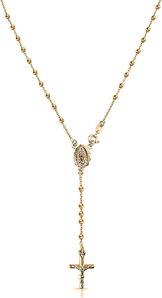Savlano 925 Sterling Silver Italian Solid Bead Chain Cross & Rosary Virgin Mary Pendant -18K Gold Plated Y Necklace Comes With Gift Box for Women - Made in Italy (24, 3mm)