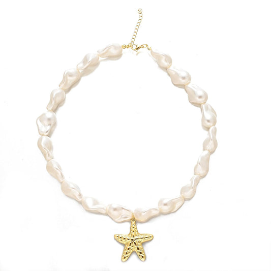 Starfish Pearl Necklace for Women Baroque Pearl Starfish Necklace Bubble Star Statement Necklaces Adjustable Baroque Star Necklaces Summer Fashion Jewelry Accessories (starfish)