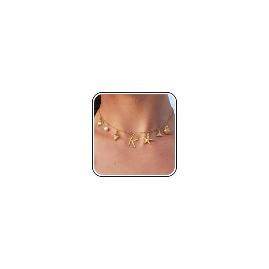 SLOONG Beach Accessories - 14K Gold Plated Letter Neckalce Freshwater Pearl Necklace Choker Boho Summer Seashell Beach Starfish Surfer Jewelry Gifts for Women