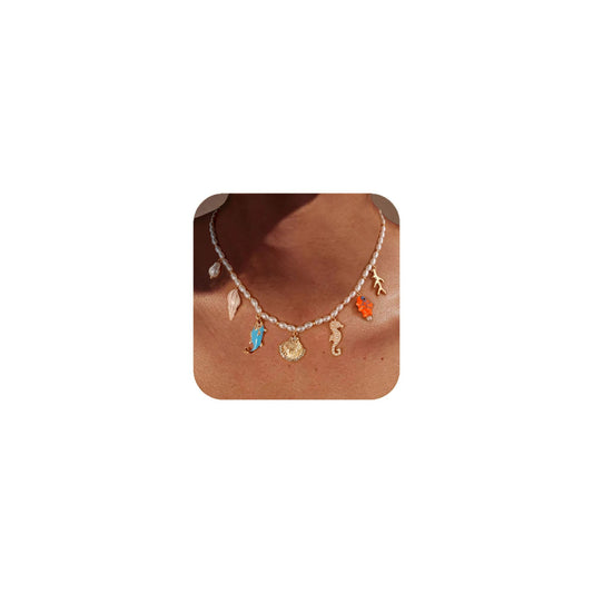 CLASSYZINT Adjustable Simulated Pearl Necklace with 7 Ocean Charms Sea-Themed Jewelry Valentine's Day Jewelry Everyday & Party Necklace