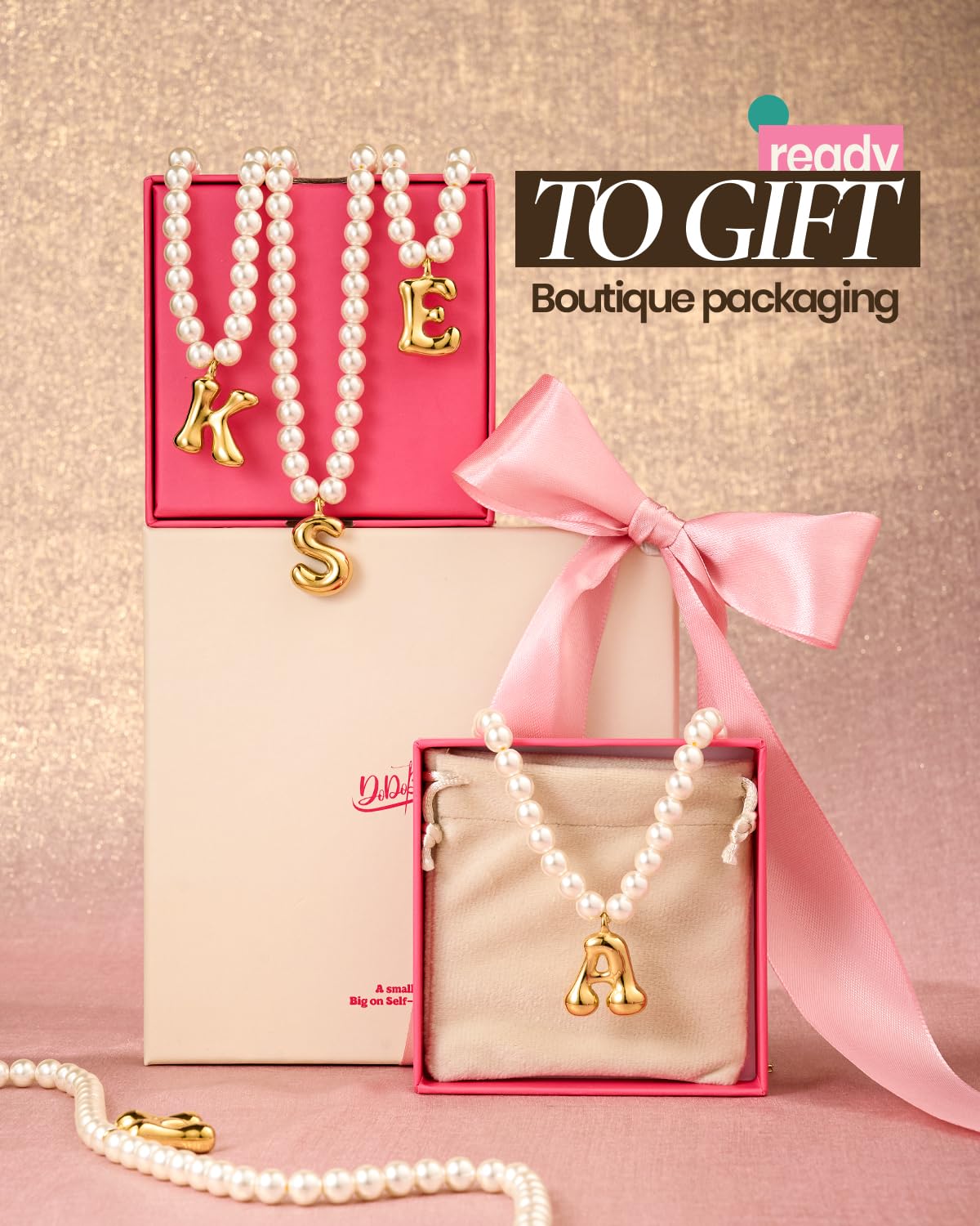 DoDoBeads Pearl Initial Necklace, 18K Gold Plated Stainless Steel Balloon Letter Pendant D, Non-Tarnish Waterproof Chunky Monogram Jewelry Gifts for Women Teens