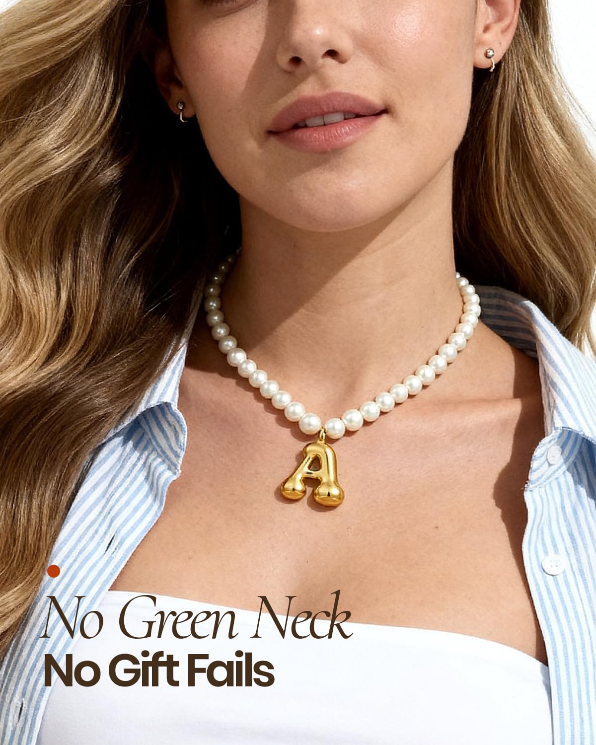 DoDoBeads Pearl Initial Necklace, 18K Gold Plated Stainless Steel Balloon Letter Pendant I, Non-Tarnish Waterproof Chunky Monogram Jewelry Gifts for Women Teens