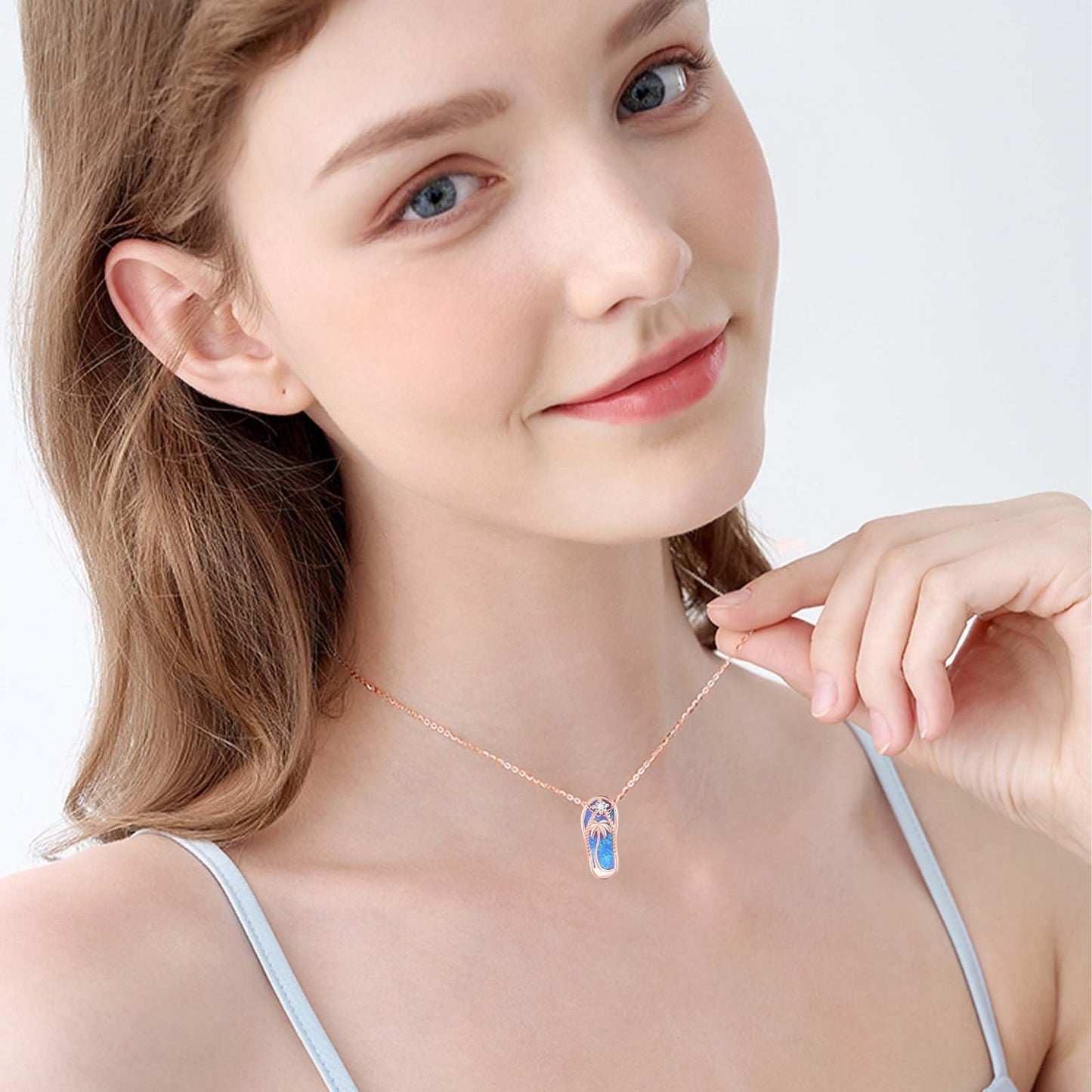 Midir&Etain Flip Flop Necklace 925 Sterling Silver Rose Gold Plated Palm Tree Pendant Beach Blue Opal Necklace Flip-Flop Opal Jewelry for Women Prime