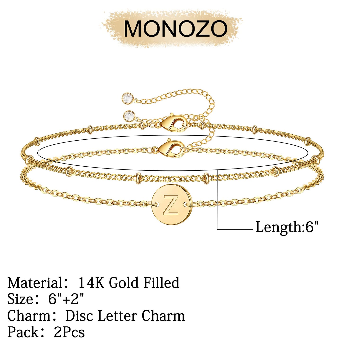MONOZO Gold Initial Bracelets for Women Trendy, Dainty 14K Gold Filled Z Letter Initial Bracelet Women Disc Monogram Bracelet Jewelry Gifts for Birthday Jewelry Gifts