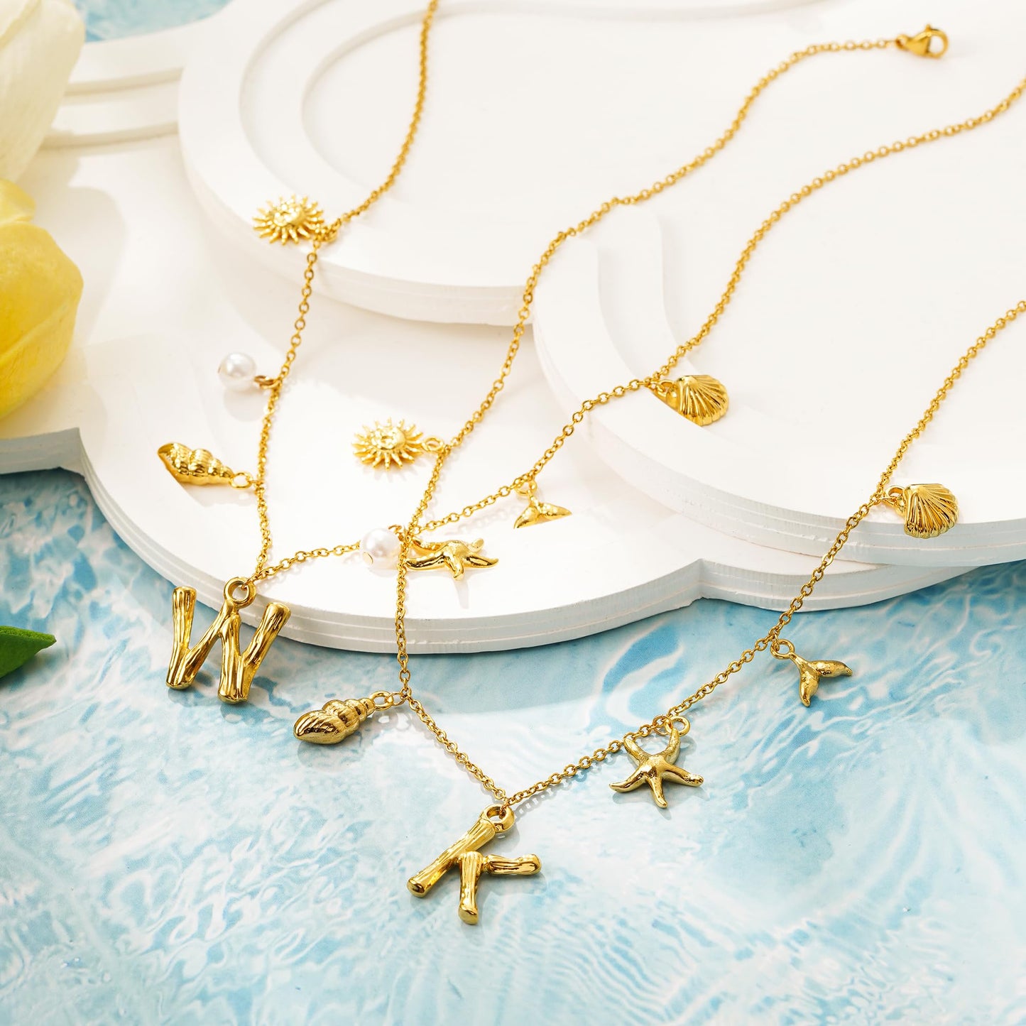 SLOONG Initial Charm Necklace 14K Gold Plated Letter Neckalce Freshwater Pearl Necklace Choker Boho Summer Seashell Beach Starfish Surfer Jewelry Gifts for Women C