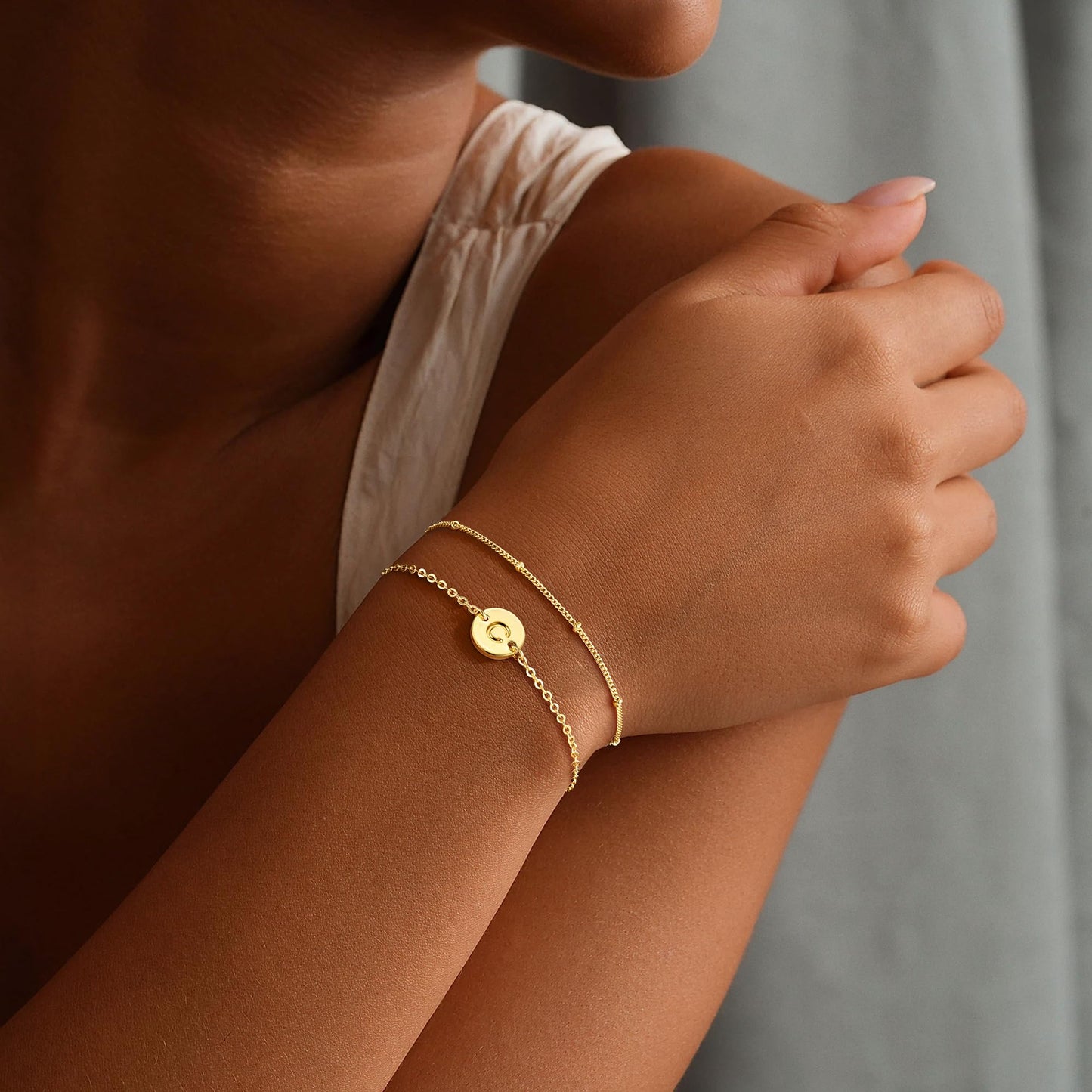 MONOZO Gold Initial Bracelets for Women, Dainty 14K-gold-plated Layered Beaded C Letter Initial Bracelet Personalized Alphabet Disc Monogram Charm Bracelet Jewelry Gifts